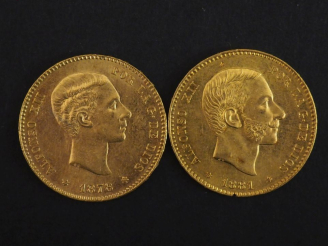 Vente aux enchères Deux pièces de 25 Pesetas or, 1878 et 1881.  FRAIS ACHETEURS 10% HT.  