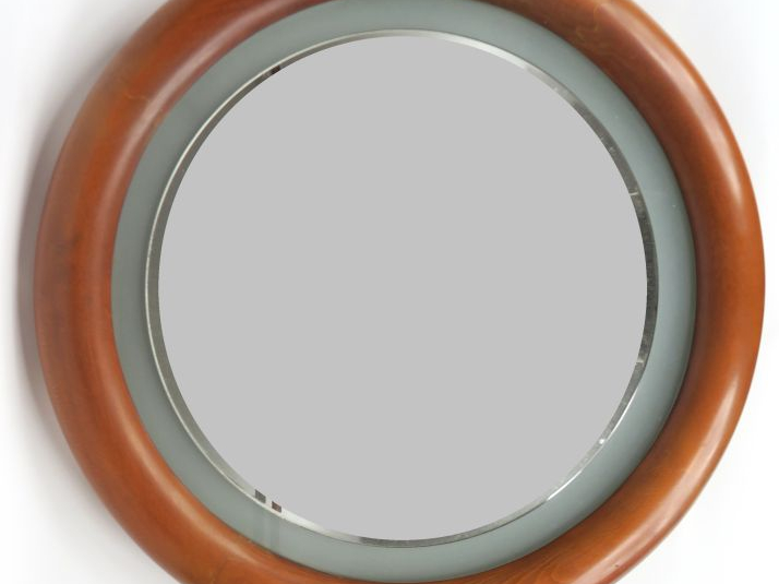 Miroir électrifié 1970, cadre en bois teinté.  Diam. 73 cm