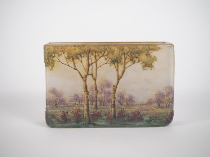 DAUM Nancy.  Vase rectangulaire en verre à décor polychrome gravé en c