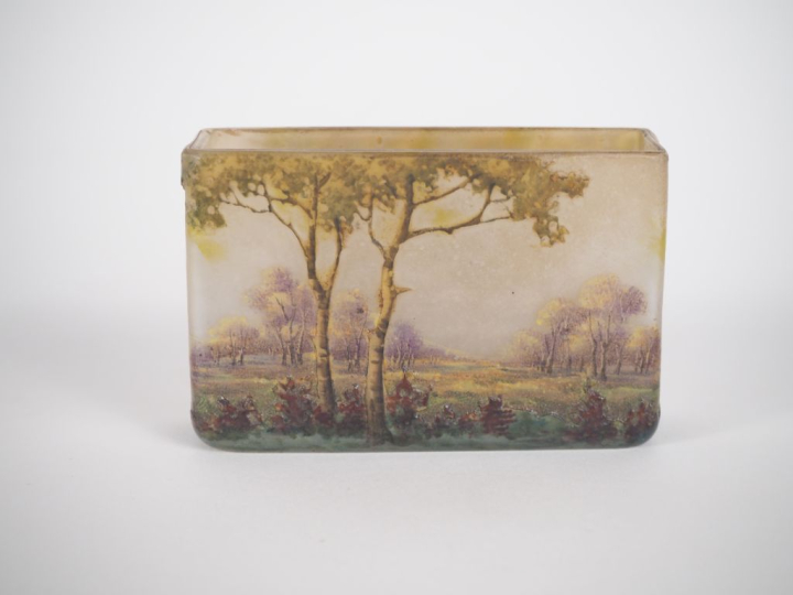 DAUM Nancy.  Vase rectangulaire en verre à décor polychrome gravé en c
