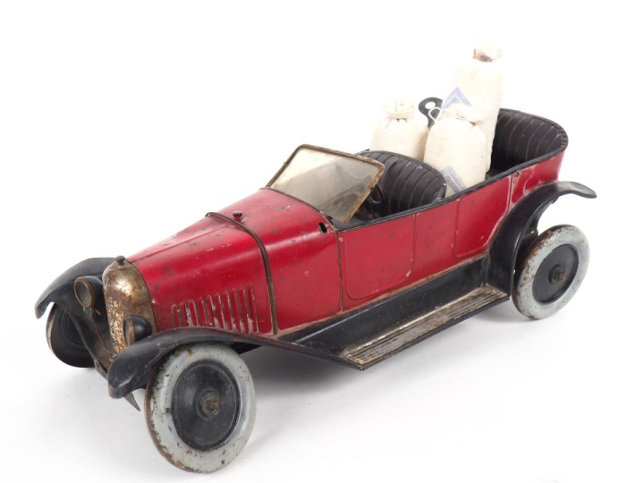 Jouets André CITROEN TORPEDO B2 en tôle laquée rouge châssis portant l