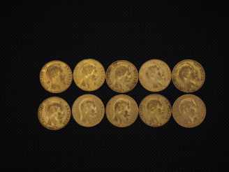 Vente aux enchères 10 pièces de 20 Francs or Napoléon : 1855, 1859, 1855, 1855, 1860, 185