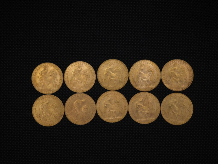 10 pièces de 20 Francs or  : 1907, 1913, 1908, 1909, 1910, 1910, 1910,