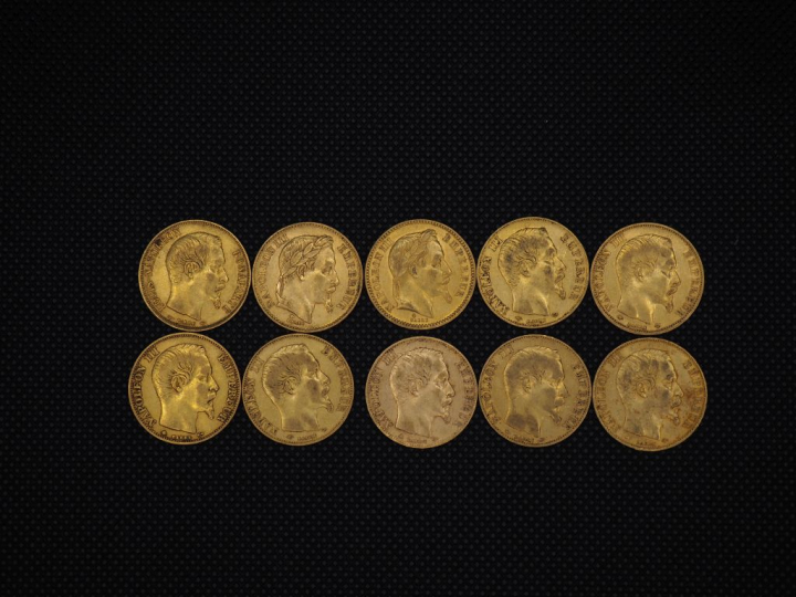 10 pièces de 20 Francs or Napoléon : 1852, 1857, 1859, 1864, 1869, 185