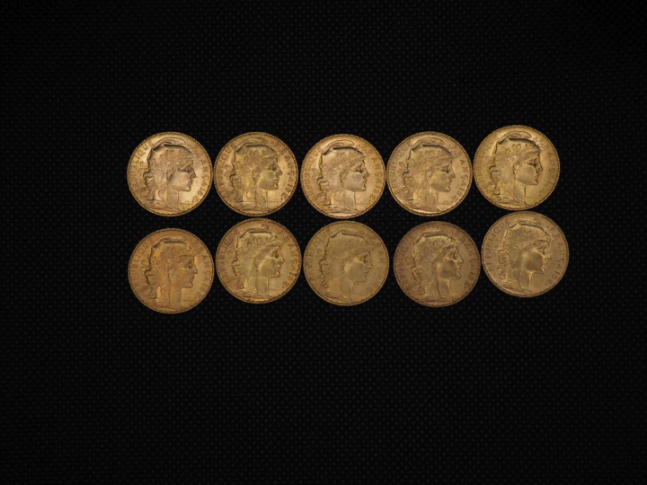 10 pièces de 20 Francs or : 1907, 1908, 1906, 1909, 1913, 1910, 1904, 