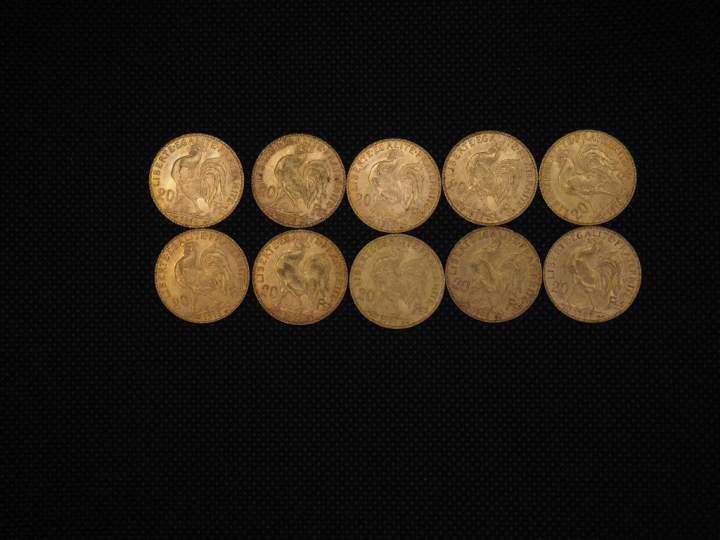 10 pièces de 20 Francs or : 1907, 1908, 1906, 1909, 1913, 1910, 1904, 