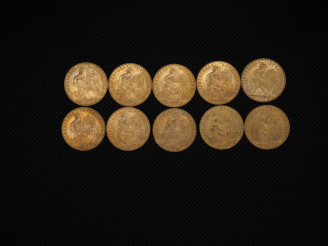 Vente aux enchères 10 pièces de 20 Francs or : 1909, 1914, 1913, 1910, 1913, 1904, 1911, 