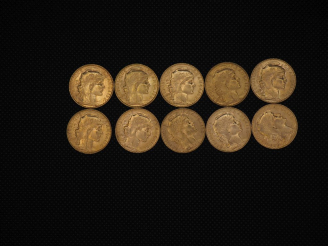 Vente aux enchères 10 pièces de 20 Francs or : 1913, 1910, 1906, 1908, 1908, 1910, 1910, 