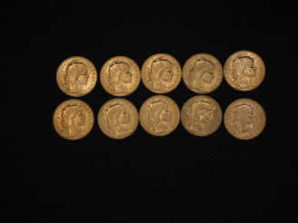 Vente aux enchères 10 pièces de 20 Francs or : 1910, 1907, 1910, 1908, 1910, 1910, 1910, 