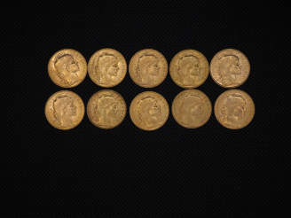 Vente aux enchères 10 pièces de 20 Francs or : 1910, 1912, 1909, 1907, 1913, 1904, 1914, 