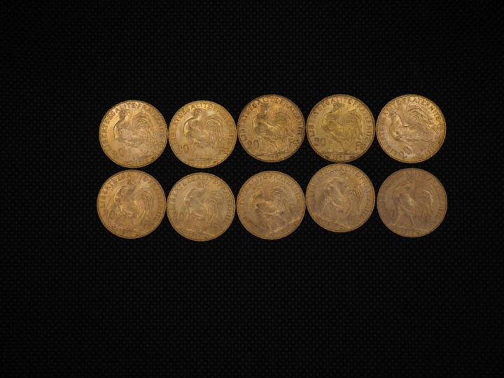 10 pièces de 20 Francs or : 1910, 1910, 1901, 1908, 1910, 1910, 1913, 