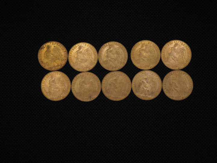 10 pièces de 20 Francs or : 1909, 1910, 1905, 1913, 1910, 1910, 1912, 