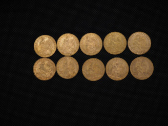 Vente aux enchères 10 pièces de 20 Francs or : 1914, 1907, 1910, 1914,  1904, 1904, 1901,