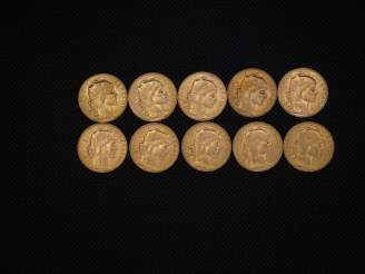 Vente aux enchères 10 pièces de 20 Francs or : 1914, 1910, 1910, 1913, 1908, 1910, 1910, 