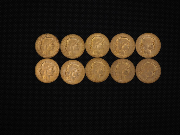 10 pièces de 20 Francs or : 1909, 1908, 1912, 1910, 1910, 1910, 1910, 