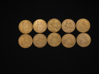 Vente aux enchères 10 pièces de 20 Francs or : 1910, 1913, 1913, 1914, 1908, 1907, 1910, 