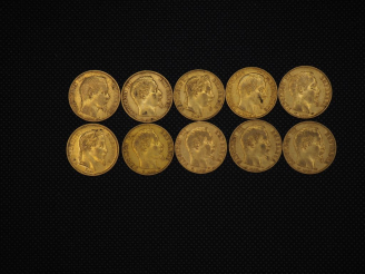 Vente aux enchères 10 pièces de 20 Francs or Napoléon : 1854, 1854, 1867, 1852, 1858, 186