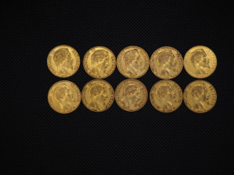 Vente aux enchères 10 pièces de 20 Francs or Napoléon : 1857, 1859, 1866, 1860, 1856, 185