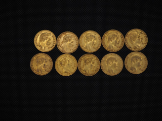 Vente aux enchères 10 pièces de 20 Francs or Napoléon : 1867, 1861, 1857, 1859, 1857, 185