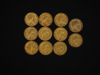 Vente aux enchères 11 pièces de 20 Francs or Napoléon : 1857, 1856, 1860, 1855, 1855, 185