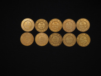 Vente aux enchères 10 pièces de 20 Francs or : 1896, 1895, 1897, 1896, 1897, 1895, 1877, 