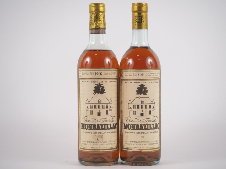 2 BOUTEILLES MONBAZILLAC CHÂTEAU DE LA FONVIEILLE - 1966 - 1 BG/1 HEP/