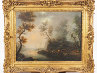Vente aux enchères Ecole hollandaise fin XVIIIème début XIXème. "paysage lacustre animé a