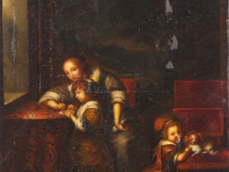 Vente aux enchères Ecole française XIXème. "Jeune mère et ses enfants dans un intérieur".