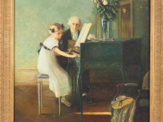 Vente aux enchères Ecole française fin XIXème.  "la leçon de piano" Huile sur toile Dim. 