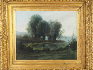 Vente aux enchères Ecole française XIXème, école de Corot. "paysage lacustre" Huile sur t