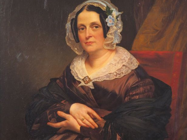 Luigi RUBIO. "Portrait de dame à la robe de soie parme". Grande huile 