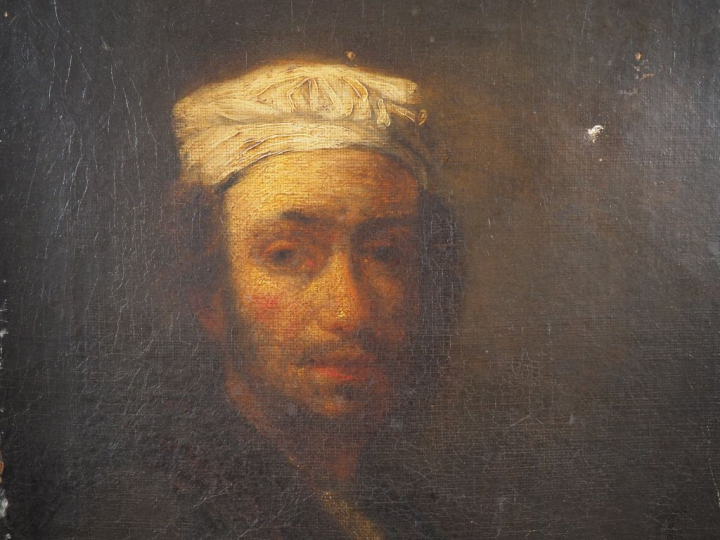 Ecole française fin XIXème. "Portrait d'homme à la coiffe blanche".  H