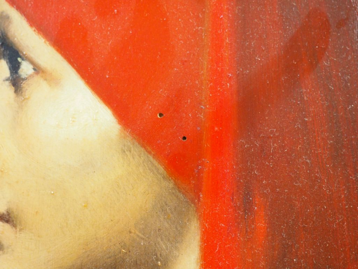 Ecole française début XXème. "Portrait de femme à la tunique rouge". H
