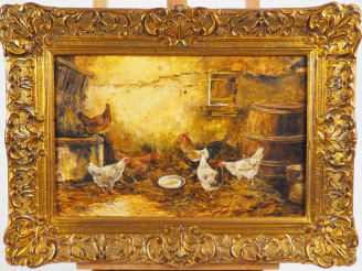 Vente aux enchères ESCUREL.  "le poulailler" Huile sur toile, signée en bas à gauche  Dim