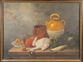 Vente aux enchères Paul GAGNEUX. "Nature morte au gibier et crustacés". Grande huile sur 