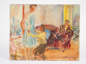 Vente aux enchères Guy LEMM. "Scène d'interieur". Huile sur panneau, signée en bas à droi