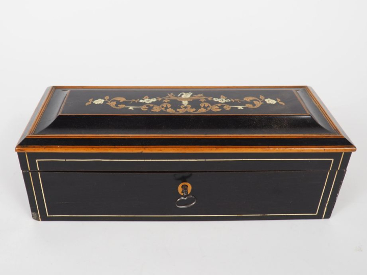 Coffret Napoléon III en marqueterie à décor de cygne nageant dans une 