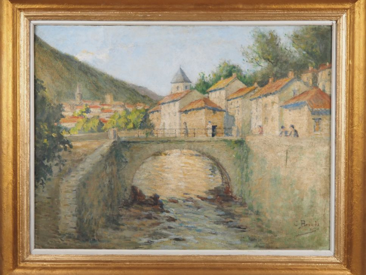 C. BERGES. "Paysage animé au pont" Huile sur toile, signée en bas à dr