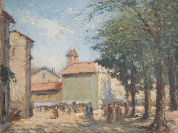 C. BERGES. (attribuée à) Place d'un village du Sud-Ouest animée" Huile