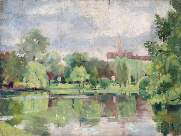 ETCHEGARAY.  "Etang en bordure de village".  Huile sur toile, signée e