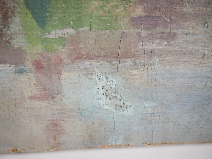 ETCHEGARAY.  "Etang en bordure de village".  Huile sur toile, signée e