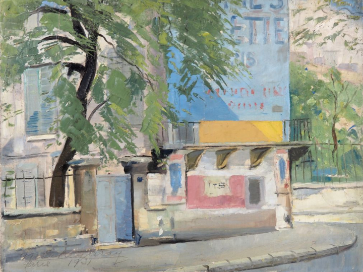 ETCHEGARAY.  "Rue de Paris".  Huile sur toile, signée en bas à gauche,