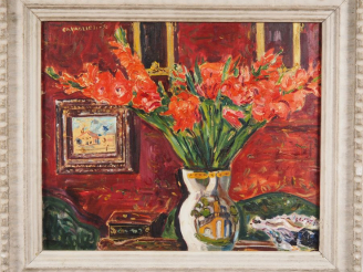 Vente aux enchères Mario CAVAGLIERI.  "nature morte au bouquet de glaieuls"  Huile sur to