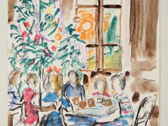 Vente aux enchères Mario CAVAGLIERI.  "Repas de Noël" Aquarelle, signée en bas à droite e