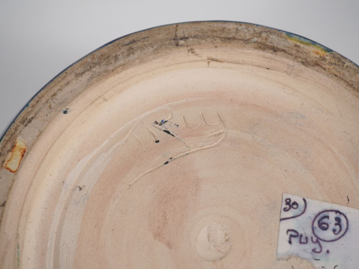 Henri Paul REY.  Vase boule en faience verte et bleue.  Signé.  H. 14 