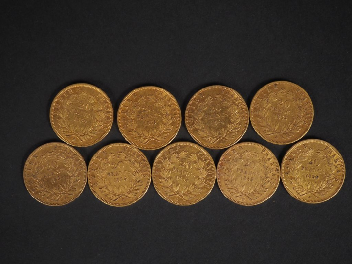 9 Pièces de 20 Francs or Napoléon dont :  4 de 1855 (3A, 1 BB)  3 de 1