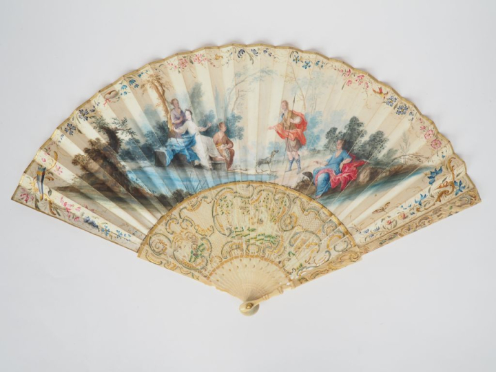 Eventail XVIIIème. Monture anglaise à 20 brins + 2 MB. Monture en ivoi