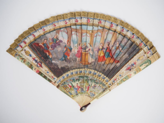 Vente aux enchères Eventail brisé XVIIIème. Monture en ivoireà 27 brins + 2 MB. Dont 2 x 