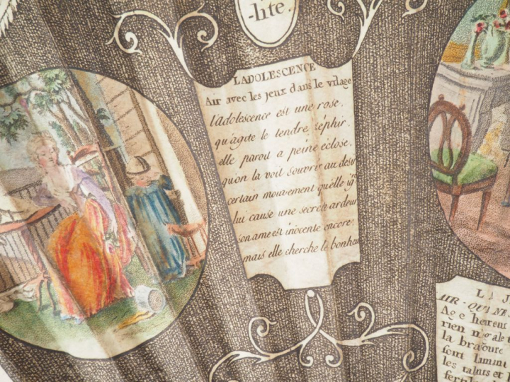 Eventail XVIIIème. Monture à 20 brins en palissandre. Feuille lithogra