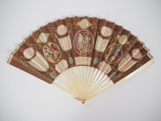 Vente aux enchères Eventail XVIIIème à 20 brins. Monture "squelette" en ivoire. Feuille l